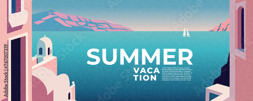 Summer nature landscape poster, web banner, cover, card with summer town, sea view, yacht and mountains in the distance and typography design. Summer holidays, vacation travel in Europe illustration. © Tanya