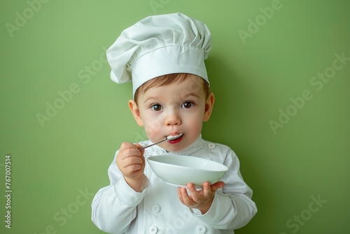 Young aspiring chef in uniform holding an empty plate on a green background