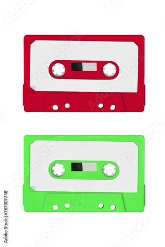 Close-up of an audio cassette with a white sticker without text.  Analog storage medium. Cassettes for audio recordings and music.