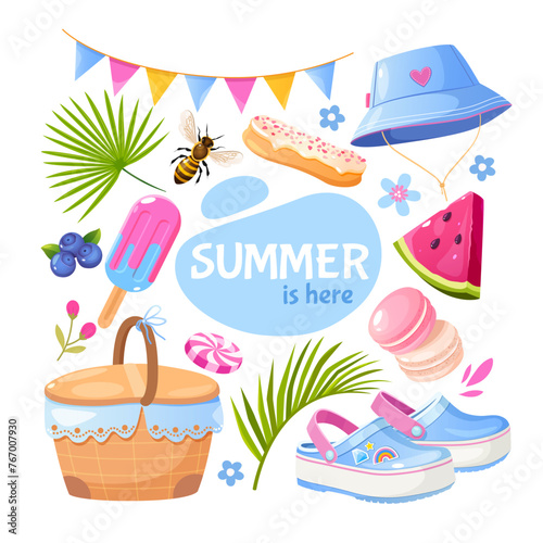 Collection of summer elements with tropical leaves, garland, beach clothes, fruits, berries and sweets.
