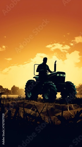 SIlhouette of farmer on tractor fixed with harrow plowing machine