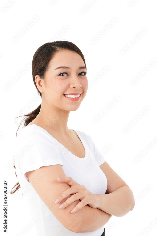 Concept of beauty. Portrait of an Asian woman wearing a white shirt on a white background. Concept of beauty. Portrait of an Asian woman wearing a white shirt on a white background.