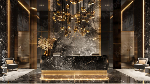 Modern luxury in the lobby, featuring a reception desk crafted from sleek black marble and brushed gold accents, radiating sophistication.