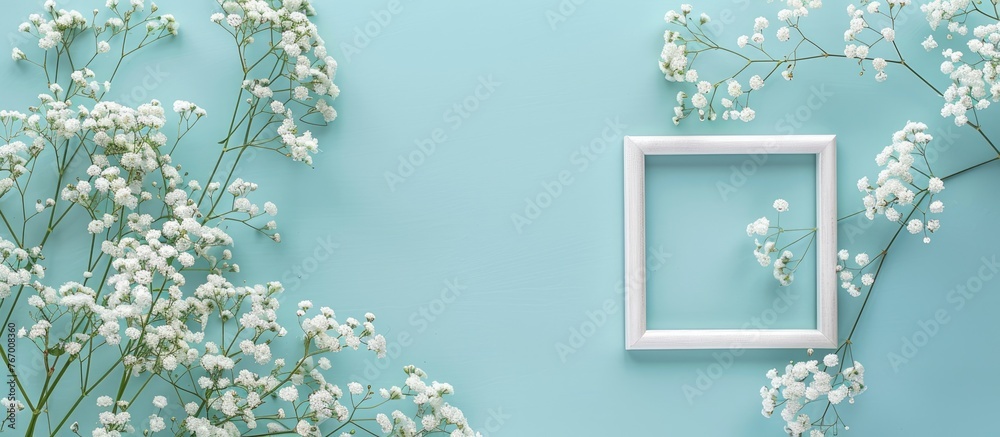 Romantic floral arrangement with white baby's breath flowers and a picture frame on a soft blue backdrop. Perfect for occasions like Valentine's Day, Easter, birthdays, Women's Day, and Mother's Day. - obrazy, fototapety, plakaty 
