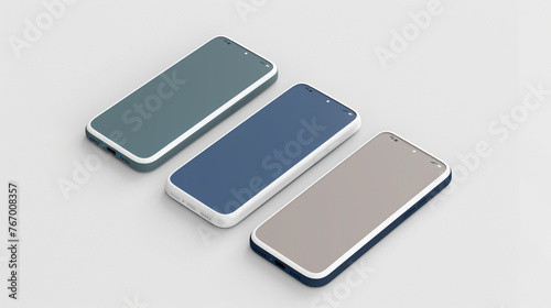 Modern smartphone mockup in three color variants, isolated on white.