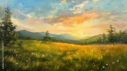Sunrise Splendor: Field Awakens in Beautiful Oil Painting Composition