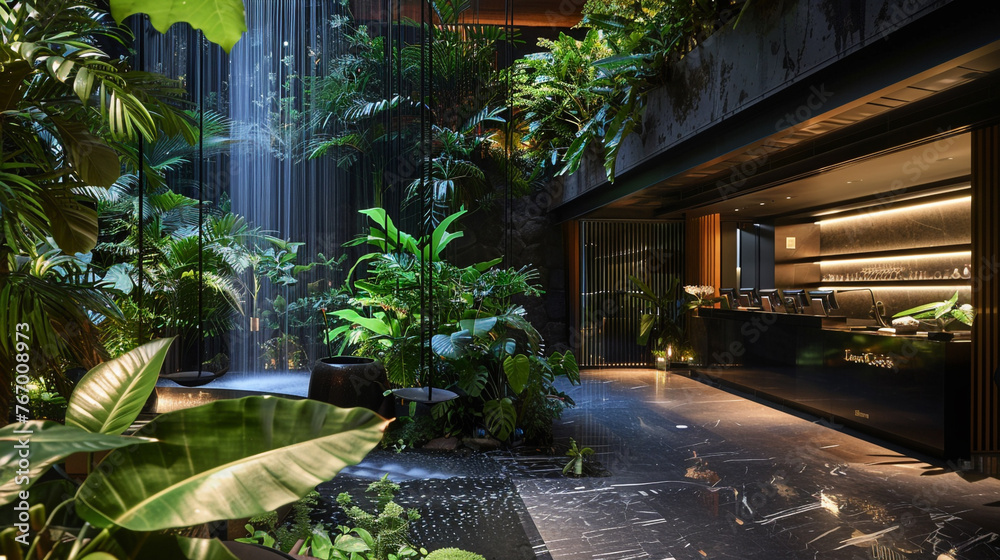 Nature's embrace in the lobby, with a reception desk surrounded by lush ...