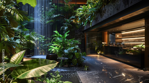 Nature's embrace in the lobby, with a reception desk surrounded by lush foliage and cascading water features blurring indoor-outdoor boundaries.