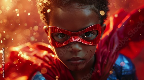 Inspirational young child in superhero costume with dynamic red cape and sparkling background