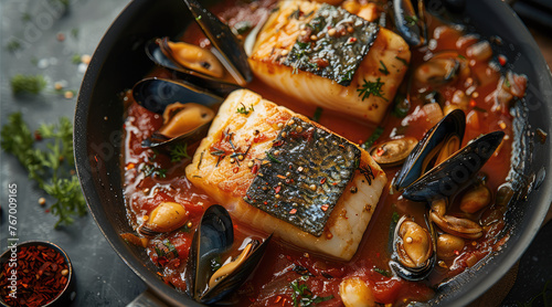 Overhead view of cod and mussels with sauce in the pan. Generative AI.