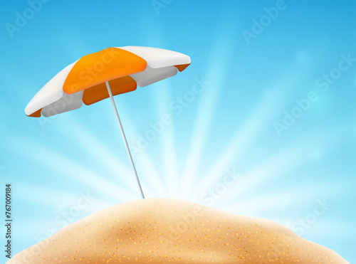 Summer season fun, empty beach with parasol protecting from sun light. Vector background with sky and ways, stripped umbrella. Vacation and rest on seaside, exotic vibes and relax on coast