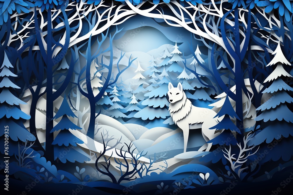 White Wolf in a Snowy Paper Cutout Forest. 