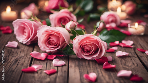 wooden background with roses and petals with empty space for greeting message. Love and greeting concept design. AI generated image  ai