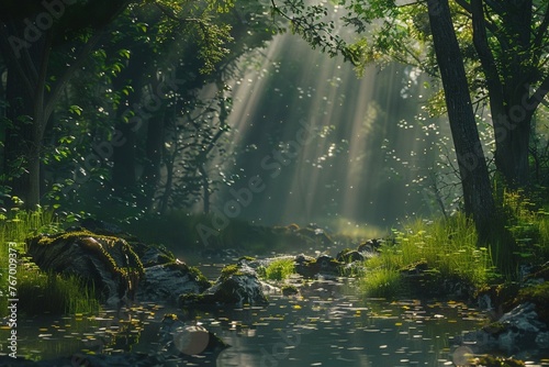 A tranquil forest scene with sunlight filtering through the trees  8k  realistic  full ultra HD  high resolution  cinematic