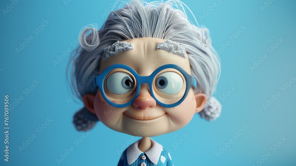 This is a 3D rendering of a cute old lady. She has white curly hair, blue eyes, and a friendly smile. She is wearing a blue dress with a white collar.