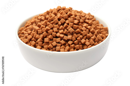 White Bowl Filled With Brown Dog Food. On a Clear PNG or White Background.