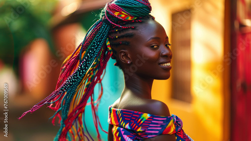 Energetic cool African woman with colourful dreadlocks dancing on the street. Generative AI