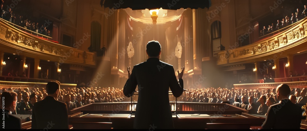A man stands in front of a large audience in a theater. The man is dressed in a suit and tie and is giving a speech. The audience is filled with people, and the atmosphere is tense and serious - obrazy, fototapety, plakaty 