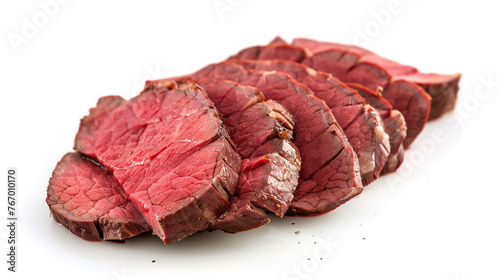 Perfectly arranged slices of roast beef isolated on white.