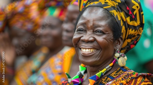A woman wearing a vibrant headdress smiles cheerfully in front of the camera