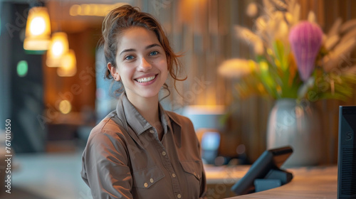 Portrait of a receptionist at a modern hotel desk