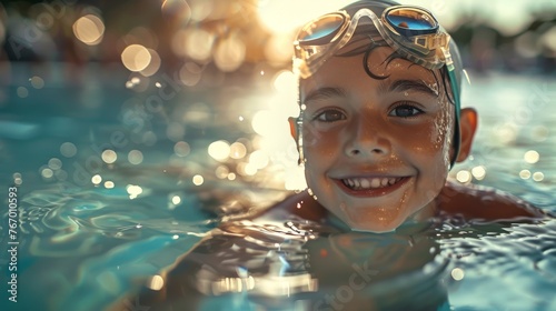 Joyful child in swimwear smiling in sunny pool water close-up © Georgii