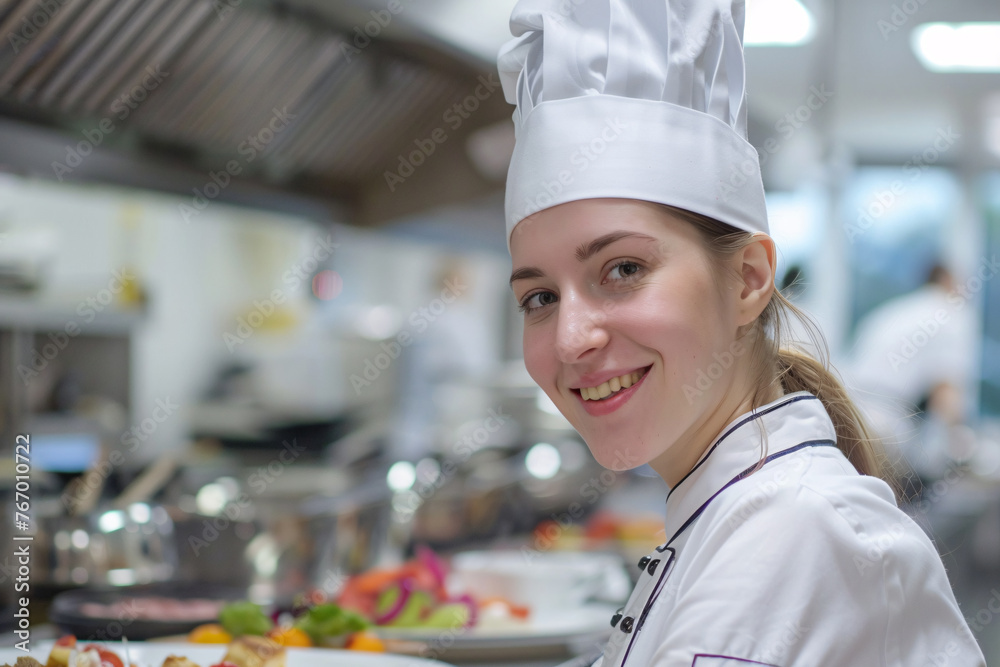 A woman chef is smiling and standing in a kitchen. She is wearing a white hat and a white apron