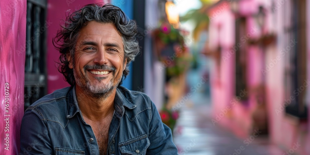 A confident and cheerful portrait of a laughing man with curly, unshaved beard, radiating positivity.