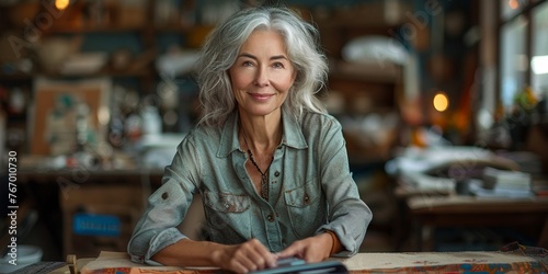 A professional and confident senior lady, a charming artist at her workshop.