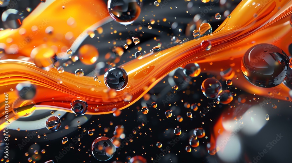 3D rendering of a close-up of a splash of orange liquid. The liquid is surrounded by small bubbles. The background is black.