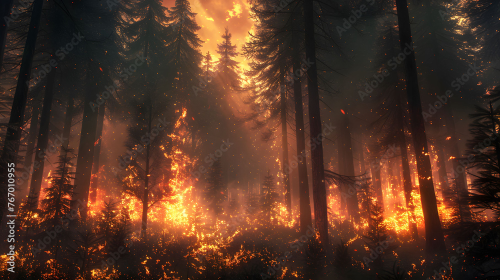 Blaze in coniferous forest at twilight, wildfire scene Blaze in coniferous forest at twilight, wildfire scene