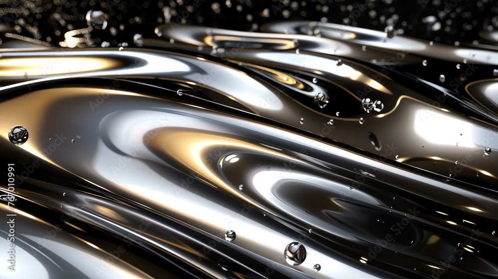 3D rendering of a smooth liquid metal surface with multiple small bubbles floating above it.
