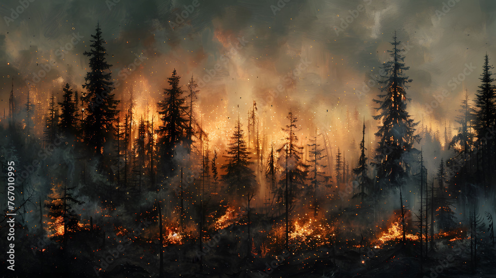 Blaze in coniferous forest at twilight, wildfire scene