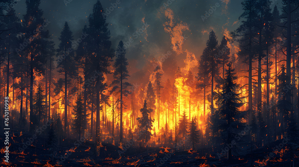 Blaze in coniferous forest at twilight, wildfire scene Blaze in coniferous forest at twilight, wildfire scene