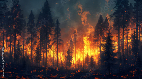 Blaze in coniferous forest at twilight, wildfire scene