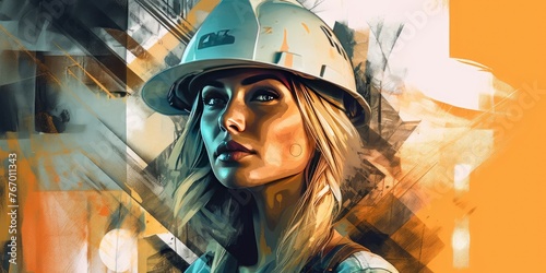 Illustration of a cheerful female architect wearing a hard hat. Construction theme. Generative AI