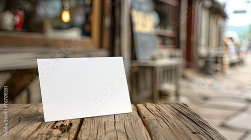 a mockup of a blank white postcard on a wooden table 