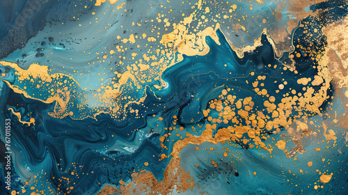 A painting of a blue ocean with gold specks. The painting has a calming and serene mood  with the blue and gold colors blending together to create a peaceful atmosphere