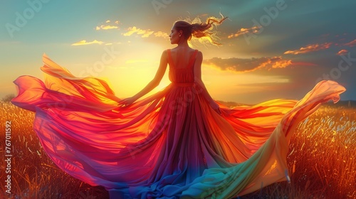 Young woman is dressed in a vibrant colored dress. Generative AI.