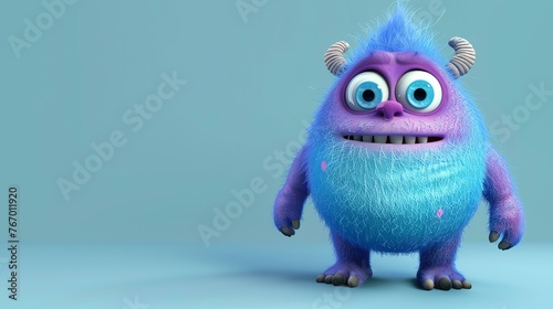 Cute blue and purple furry monster. 3D rendering.