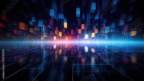 A digital horizon where multicolored cubes soar  creating a sense of emerging opportunities in technology  suited for dynamic data visualization or tech startups  with no specific place for text.