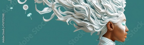 Digital painting of a woman wearing a unique white dandelion hat, showcasing her distinctive white hair The concept of hair care with means that improve their condition.