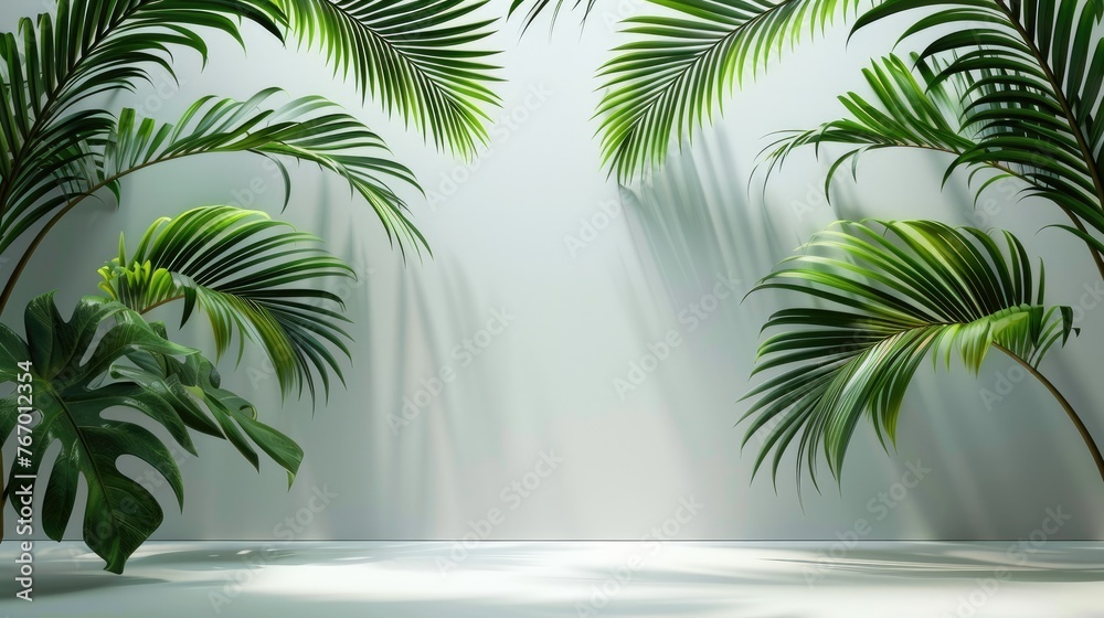 Top of white table with palm leaves. Generative AI. Top of white table with palm leaves. Generative AI.
