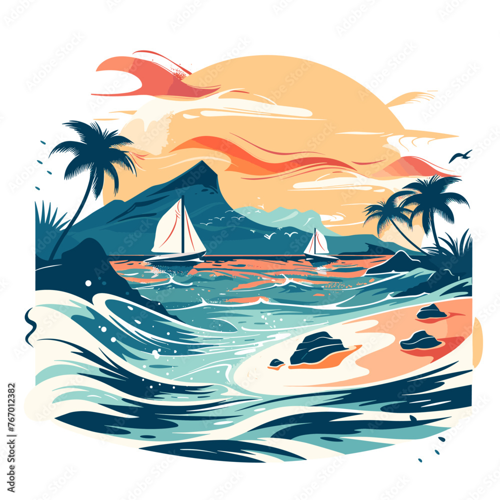 Tropical beach with palms and sailboats. Vector illustration.