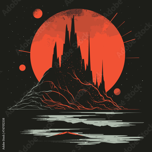 Magic castle on the background of the moon and the sea. Vector illustration