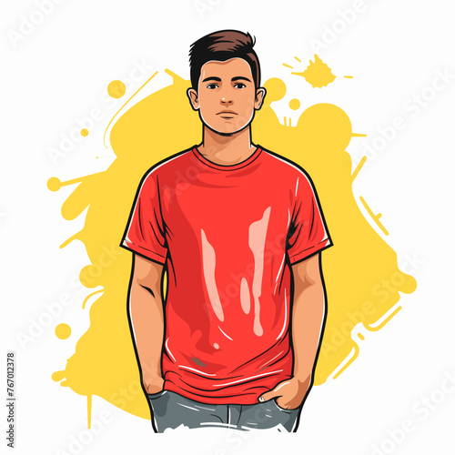 Young man in red t-shirt and shorts. Vector illustration.