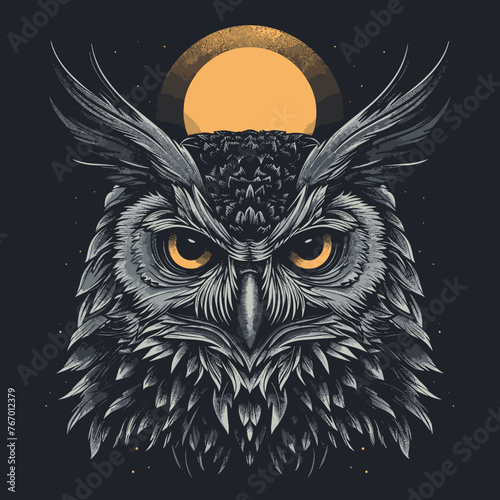 Owl head with moon and stars. Vector illustration for t-shirt des