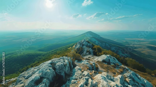 Sky View from a Mountain Summit - Adventure and Travel - Panoramic Shot with Clear Blue Sky and Distant Forest Landscape