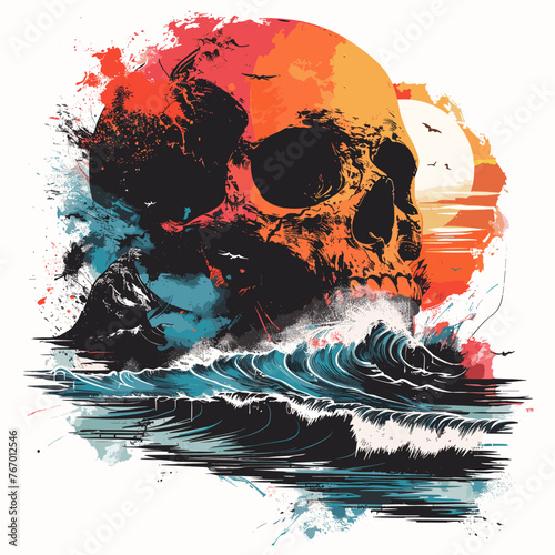 Skull on the beach. Grunge style. Vector illustration.