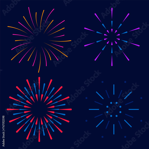 Set of isolated holiday fireworks on a white background. Flat vector illustration